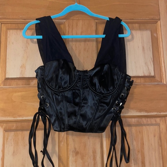 Black Satin Bustier Mesh Sleeve - Picture 2 of 4